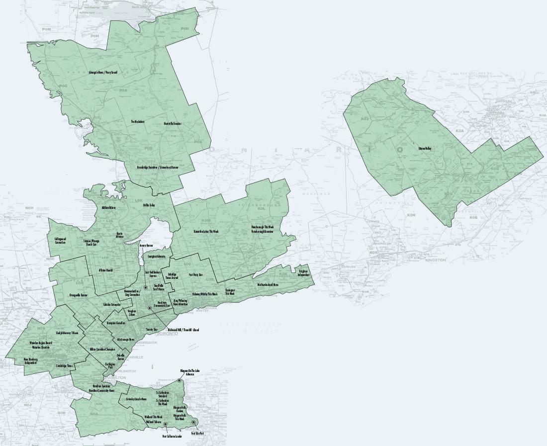 Partial map of Ontario showing the Readers' Choice regions.