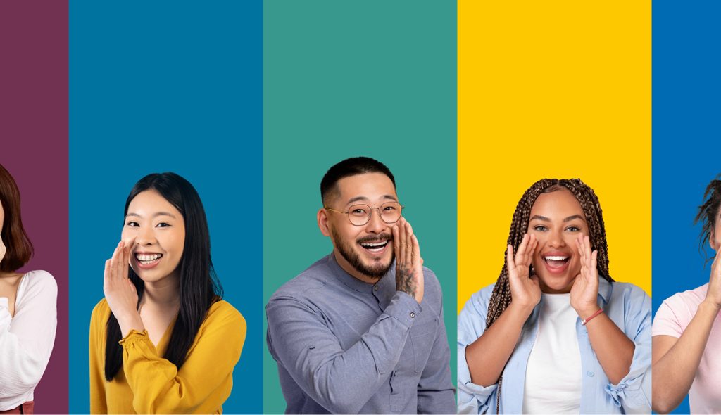 Cheerful people side by side mimicking speaking outloud.