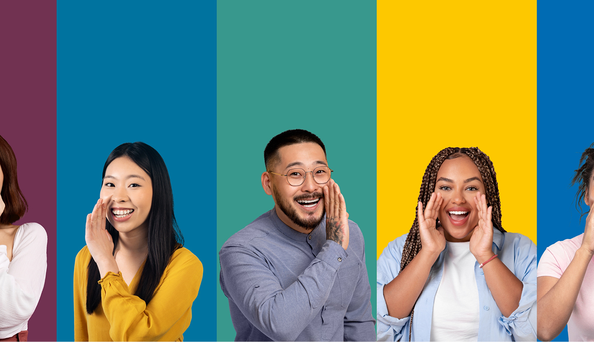 Cheerful people side by side mimicking speaking outloud.