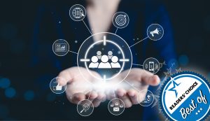 concept showing icons of multiple people in hands coming from several online sources.