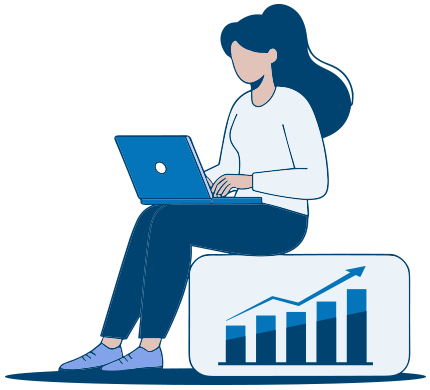 woman on laptop with graphic of a bar graph.